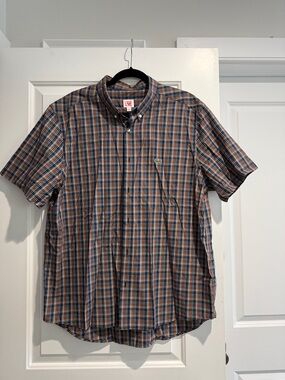 NWOT Lacoste Short Sleeve Plaid Button-Down Shirt - Blue & Brown, lightweight